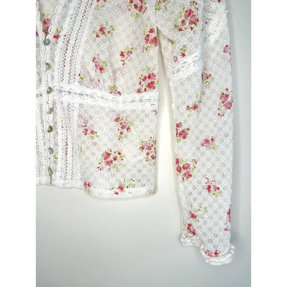 Free People Kika Printed Top Floral Lace Cardigan White Pink M Coquette Cutecore - Picture 8 of 16
